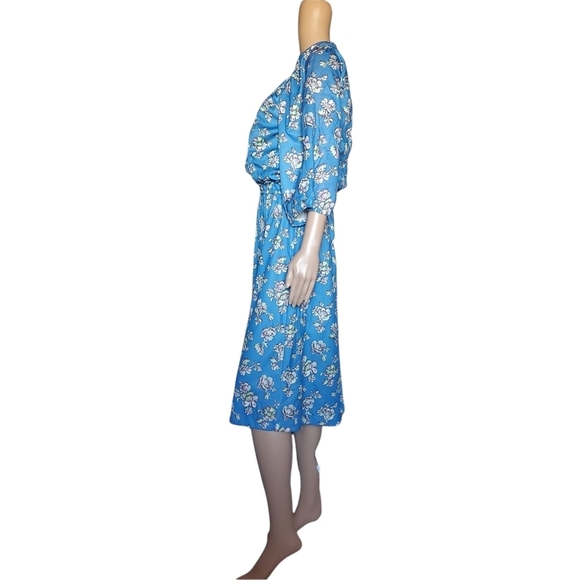 Vintage 70s Sears Bluson Wide Sleeve Blue Cherry Blossom Floral Day Dress 12 - Picture 4 of 12